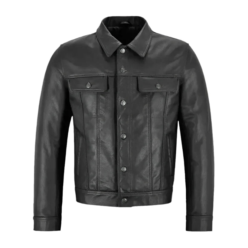 Mens Black Leather Trucker Jacket-0
