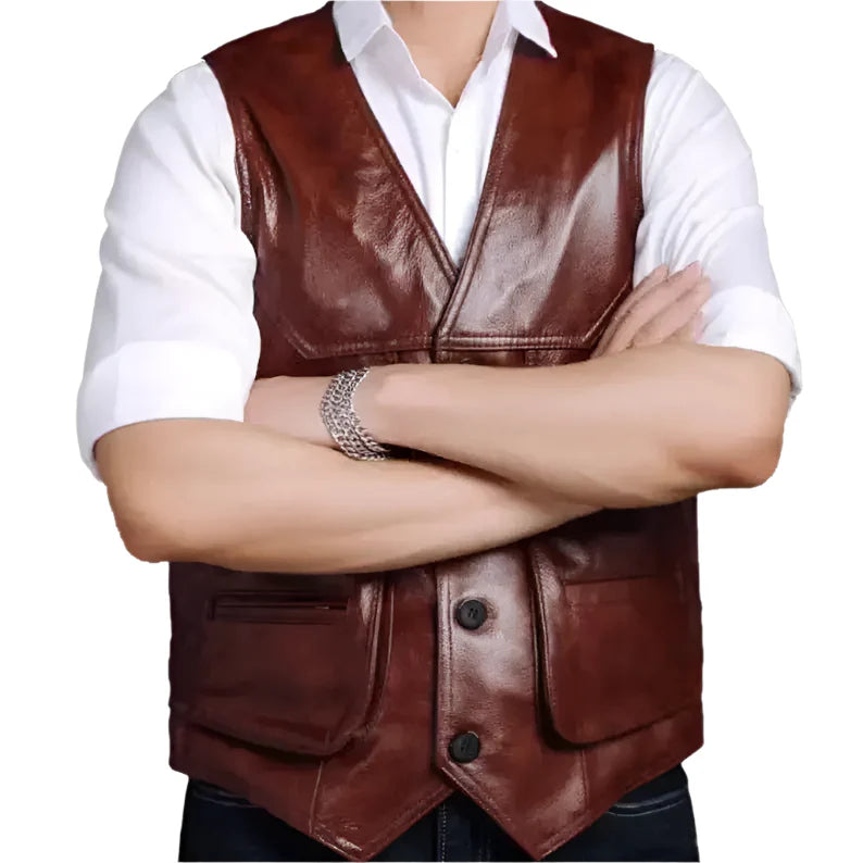 Men’s Classic Brown Leather Biker Vest-1