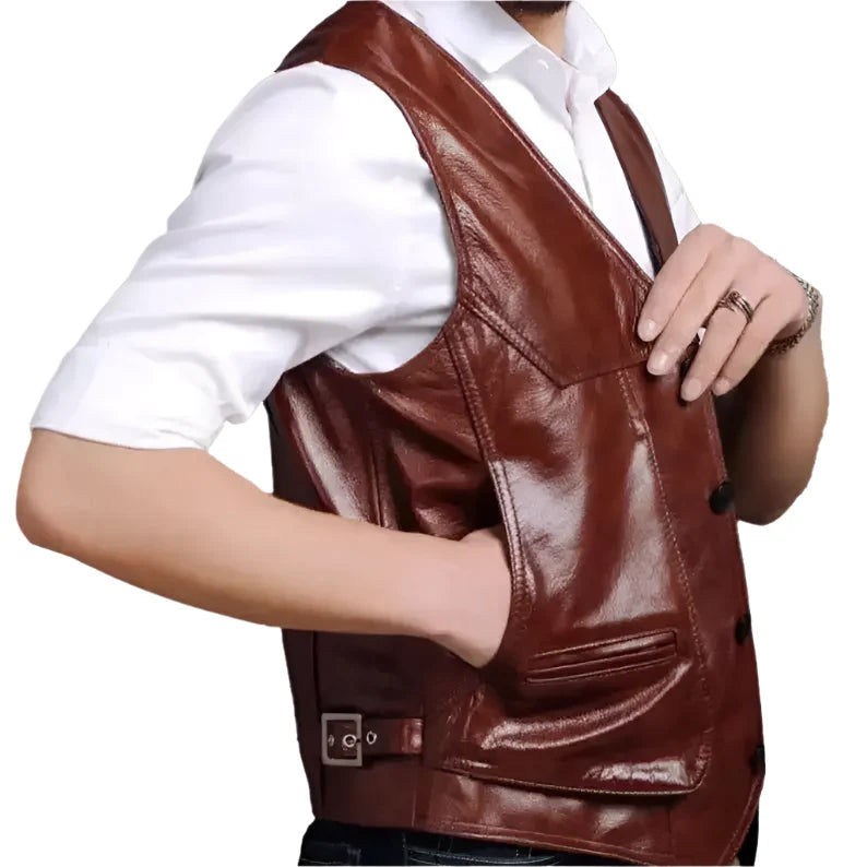 Men’s Classic Brown Leather Biker Vest-3