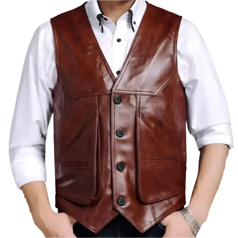 Men’s Classic Brown Leather Biker Vest-0