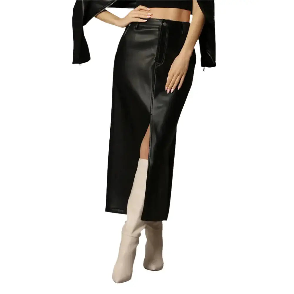 Women’s Classy Black Leg Slit Leather Skirt-0