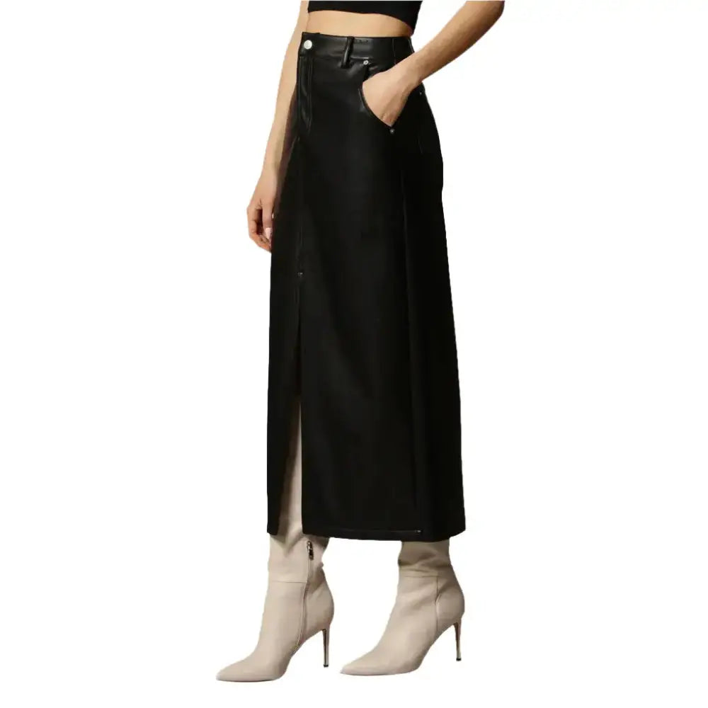 Women’s Classy Black Leg Slit Leather Skirt-1