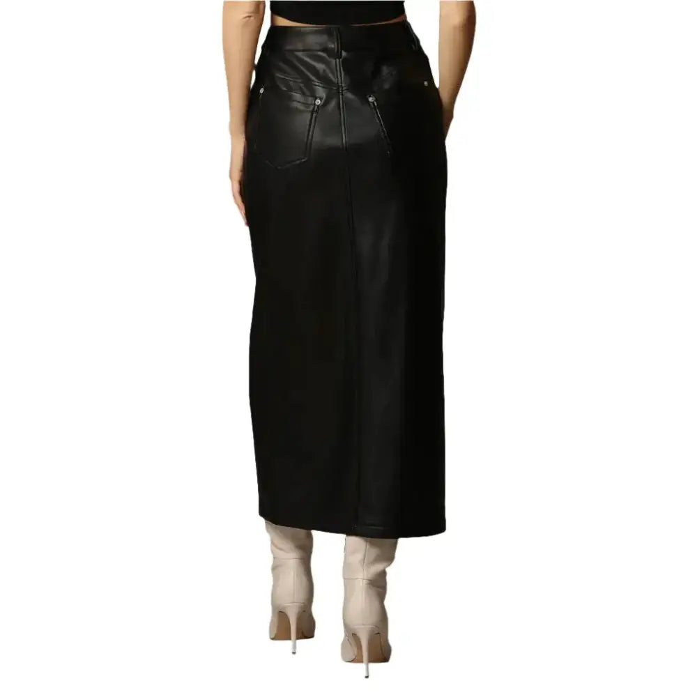 Women’s Classy Black Leg Slit Leather Skirt-2