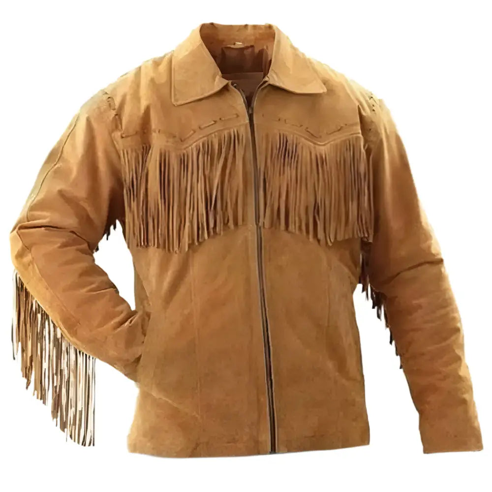 Men's Brown Suede Western Fringe Leather Jacket-0