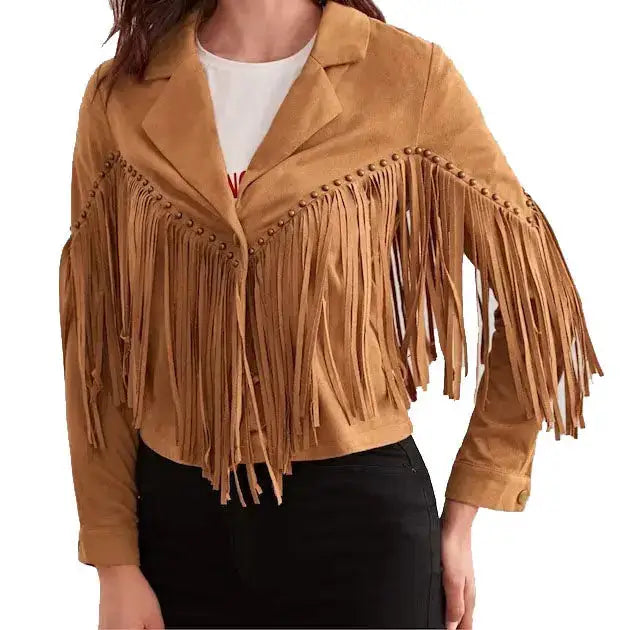 Women's Cowgirl Western Suede Leather Fringe Jacket-0