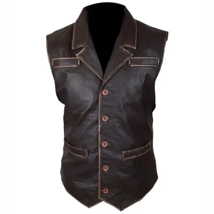 Mens Distressed Brown Leather Vest-0