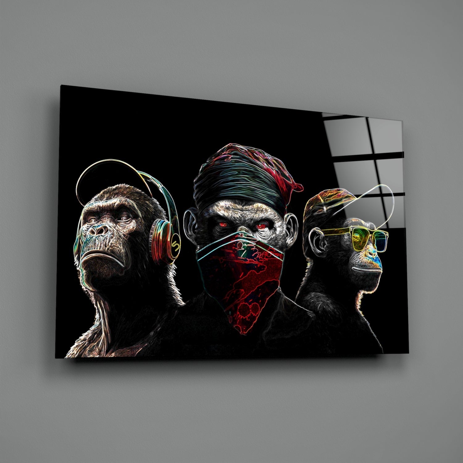 3 Wise Monkeys - Neon Lines Glass Wall Art  || Designer Collection-1