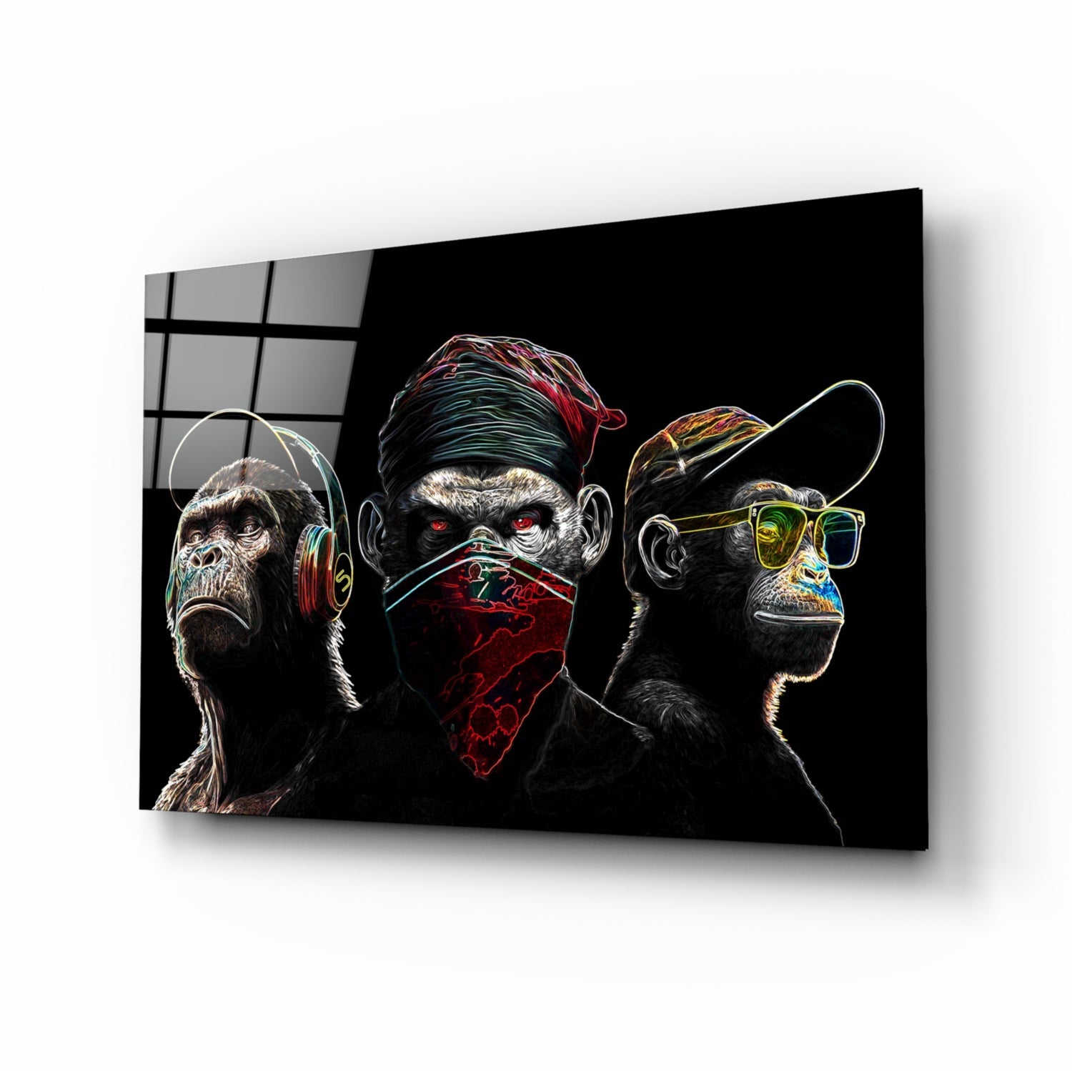 3 Wise Monkeys - Neon Lines Glass Wall Art  || Designer Collection-0