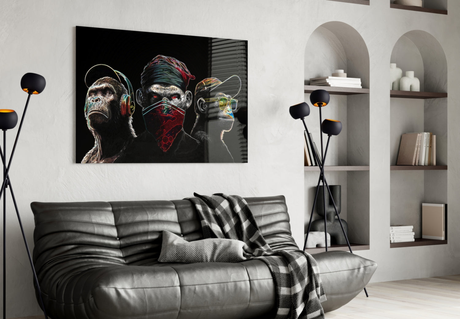 3 Wise Monkeys - Neon Lines Glass Wall Art  || Designer Collection-3