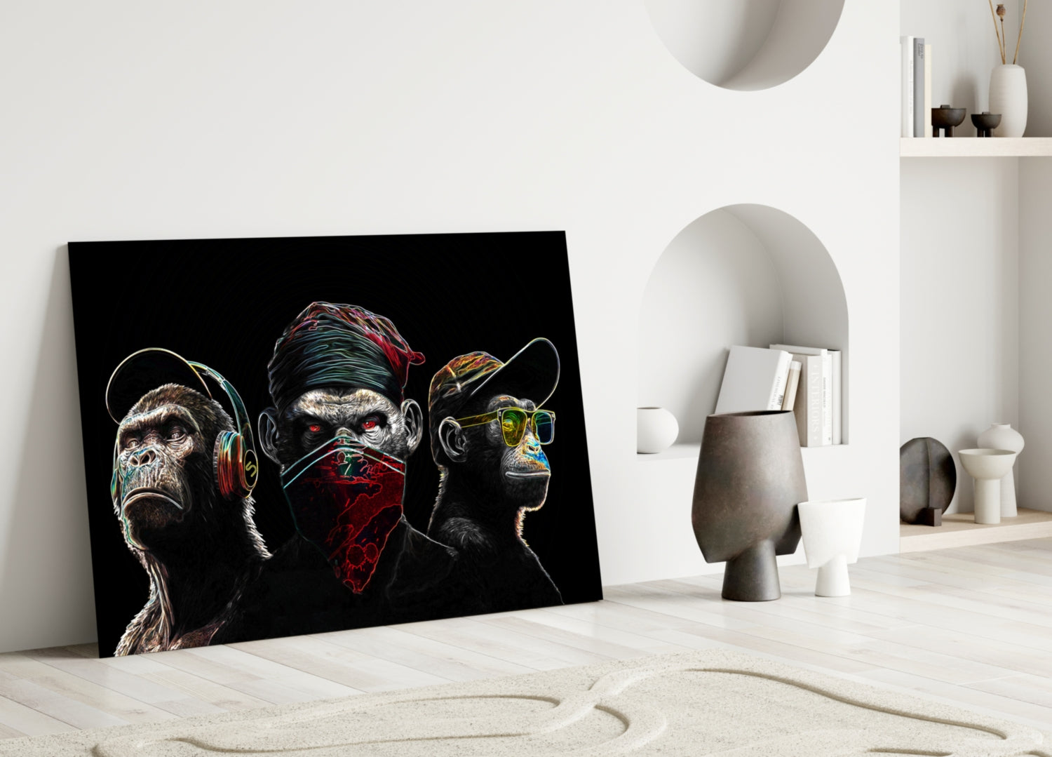 3 Wise Monkeys - Neon Lines Glass Wall Art  || Designer Collection-2