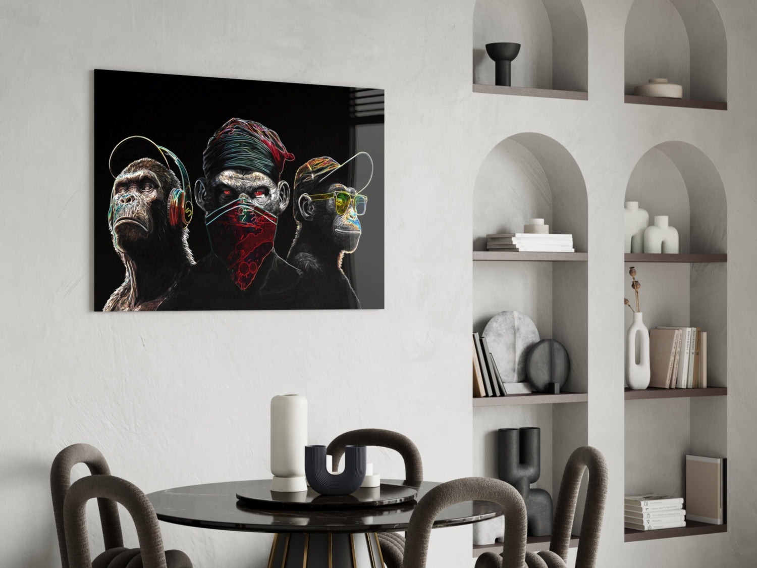 3 Wise Monkeys - Neon Lines Glass Wall Art  || Designer Collection-4