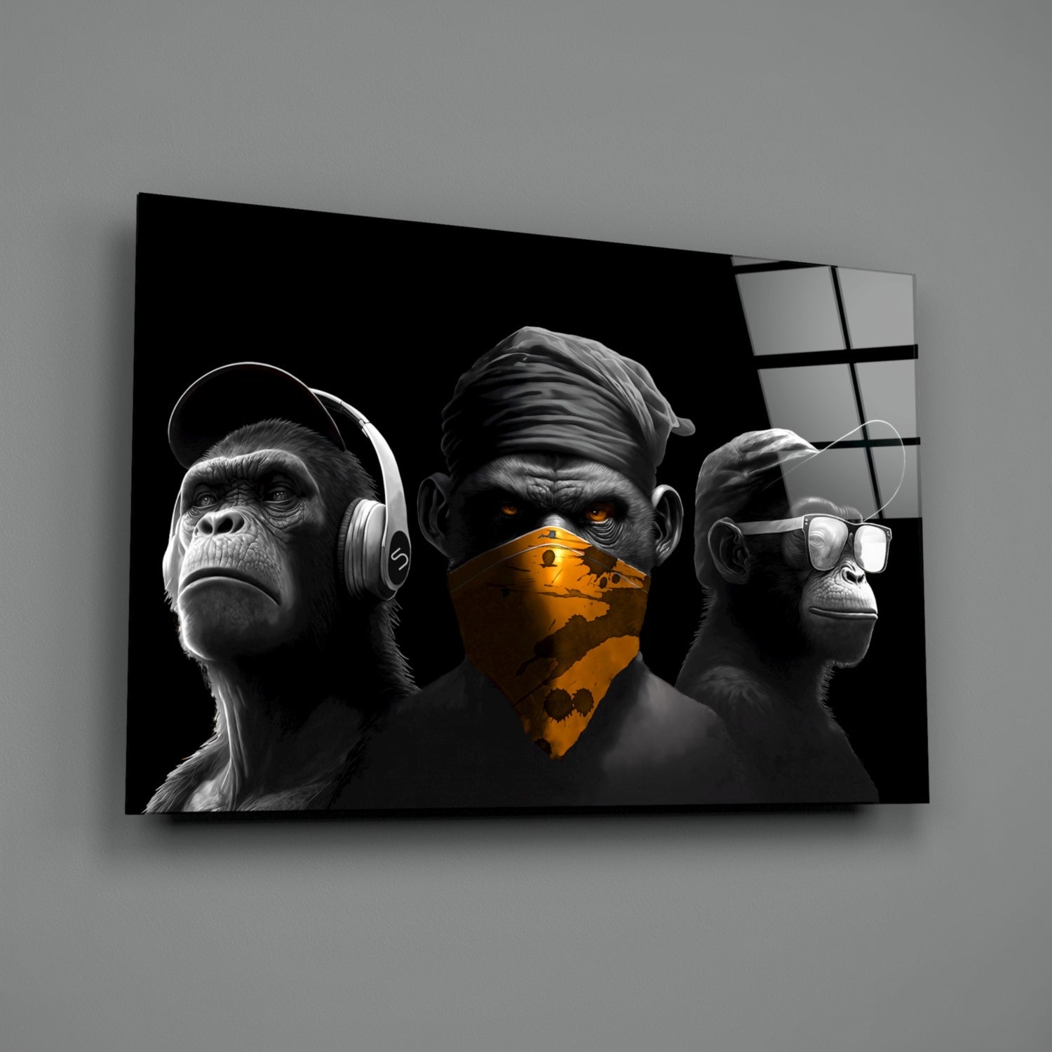 3 Wise Monkeys Chrome Edition Glass Wall Art || Designer Collection-1