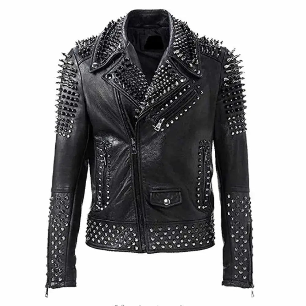 Men’s EMO Punk Rock Silver & Black Studded Leather Jacket-0