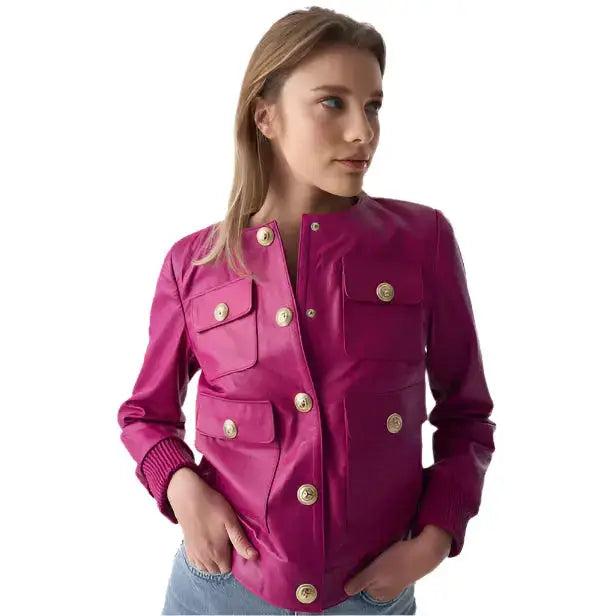 Women’s Fuchsia Studded Leather Jacket-0