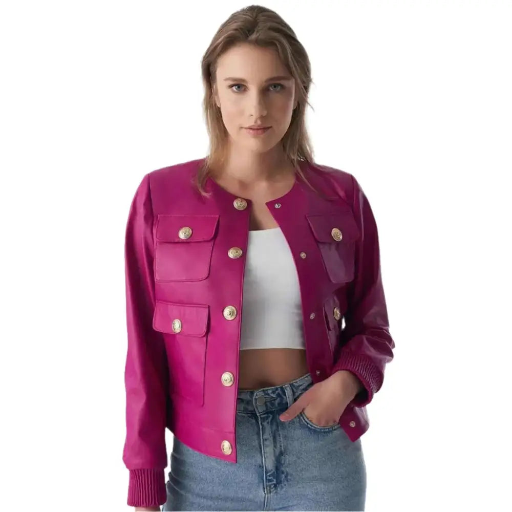 Women’s Fuchsia Studded Leather Jacket-1