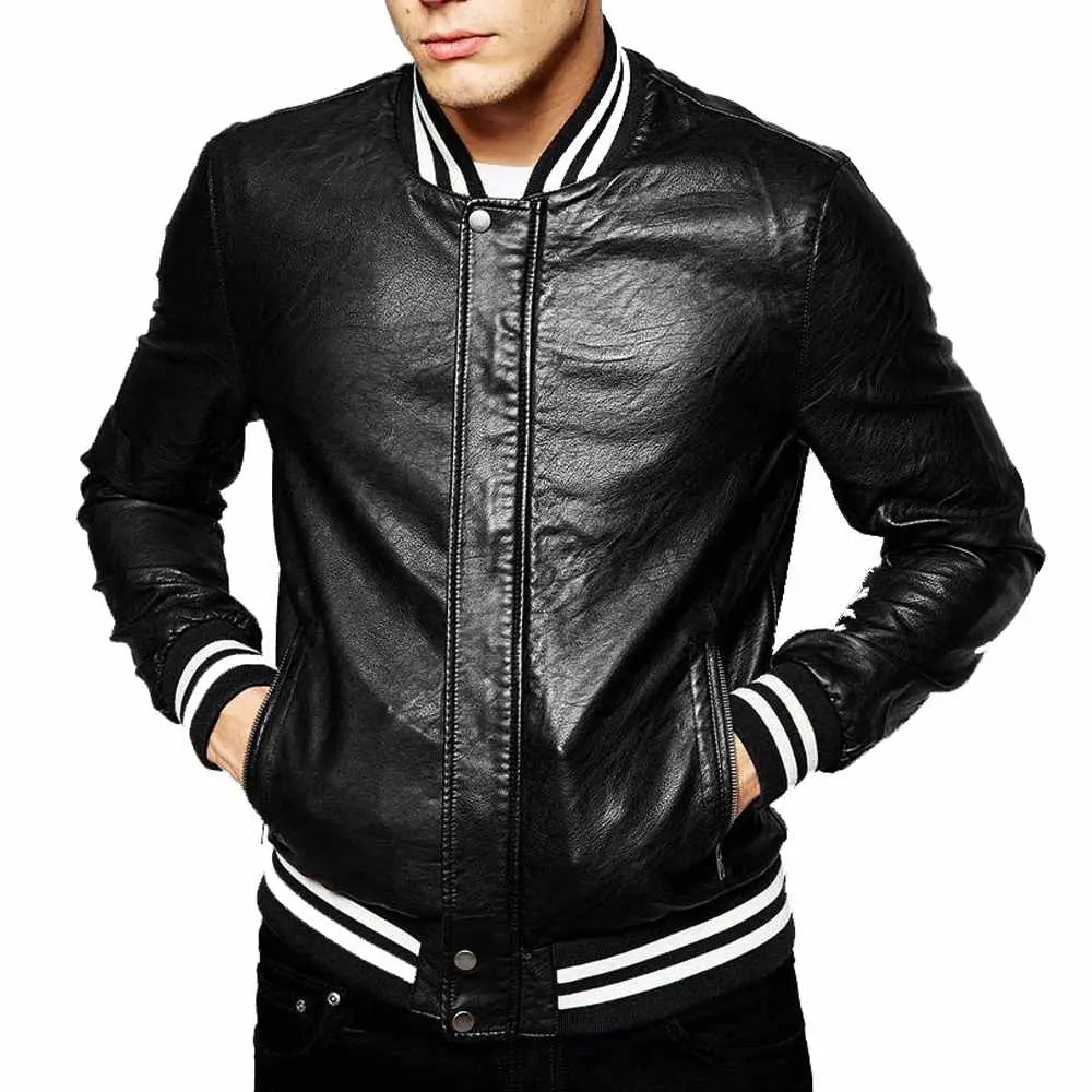 Men's Genuine Lambskin Leather Slim Fit Letterman Varsity Jacket-1