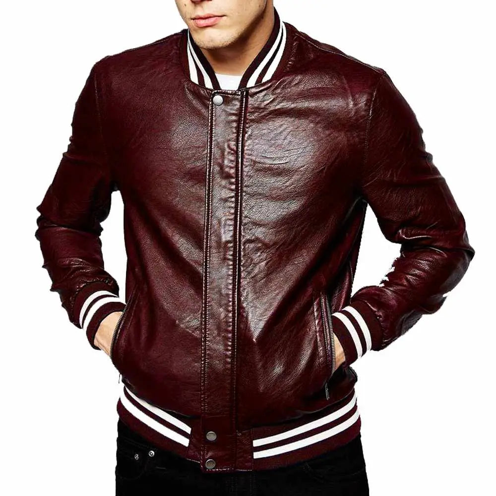 Men's Genuine Lambskin Leather Slim Fit Letterman Varsity Jacket-5