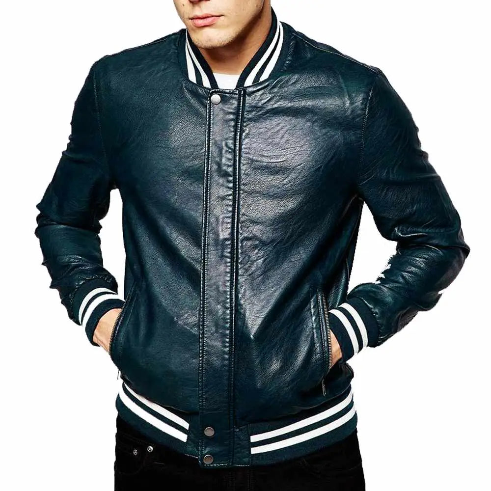 Men's Genuine Lambskin Leather Slim Fit Letterman Varsity Jacket-3