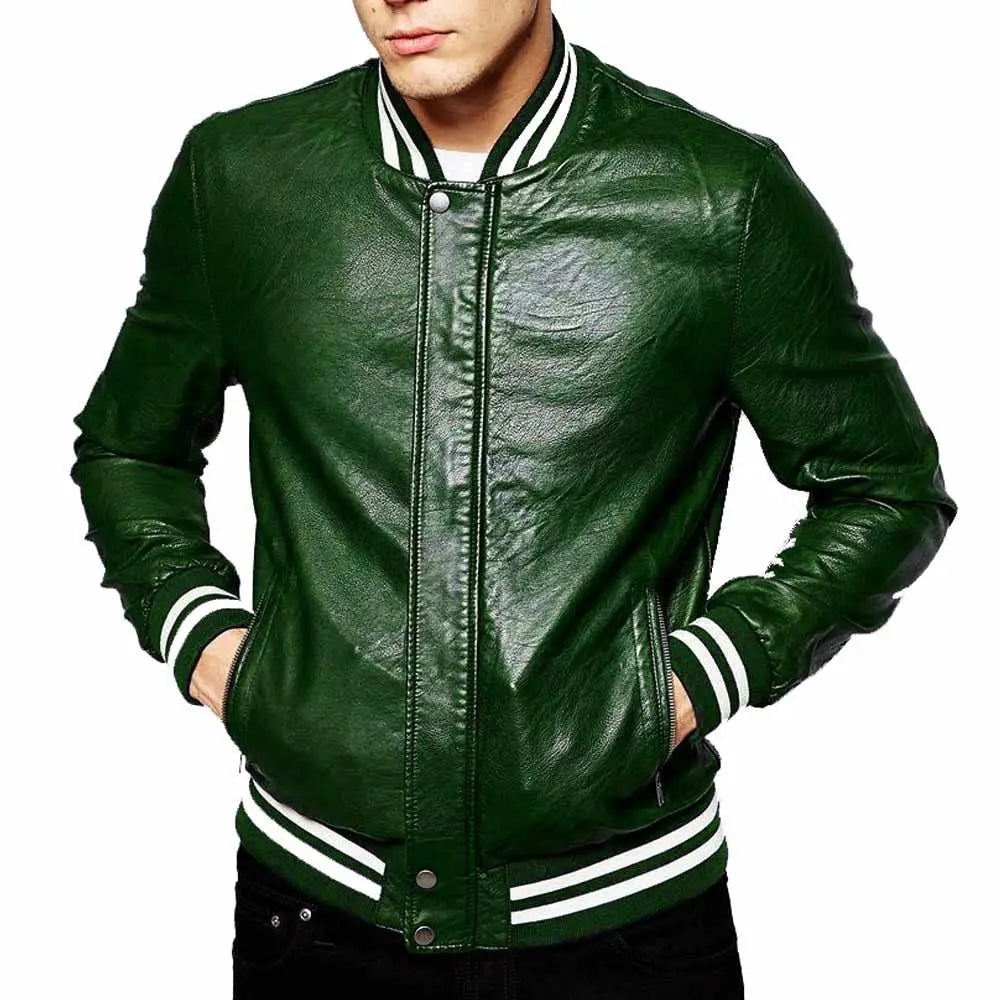 Men's Genuine Lambskin Leather Slim Fit Letterman Varsity Jacket-2