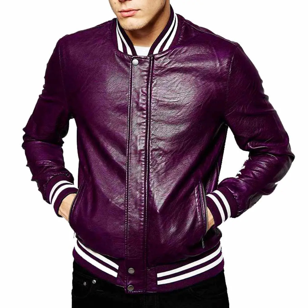 Men's Genuine Lambskin Leather Slim Fit Letterman Varsity Jacket-4