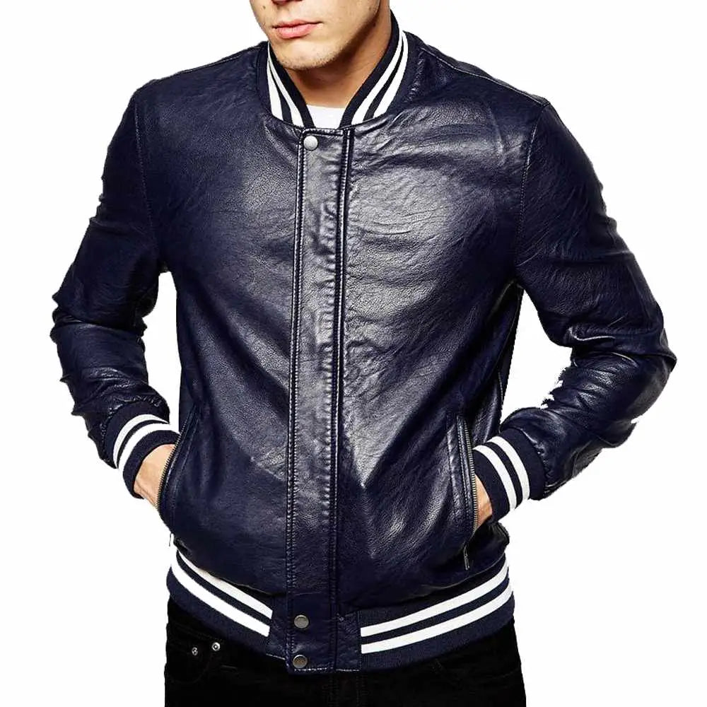 Men's Genuine Lambskin Leather Slim Fit Letterman Varsity Jacket-0