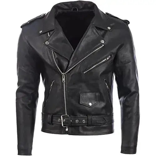 Men’s Genuine Leather Belted Biker Jacket-0