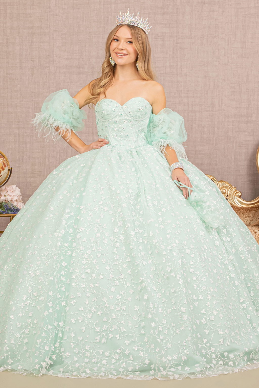 Jewel Strapless Quinceanera Gown w/ Detachable Short Puff Sleeves-0