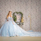 3-D Flower Sheer Bodice Mesh Ball Gown w/ Side Mesh Long Drapes-2