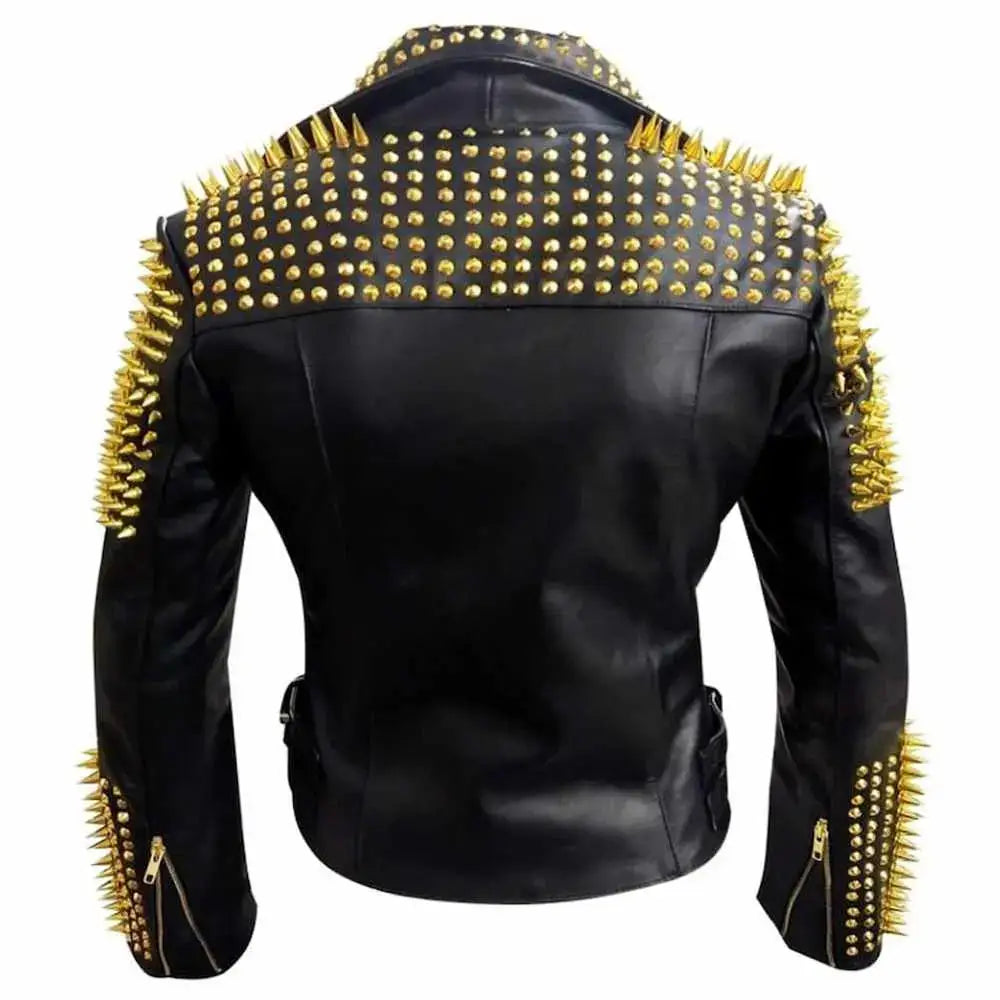 Mens Studded Black Leather Motorcycle Jacket-1