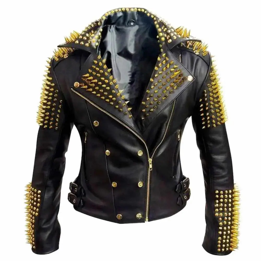 Mens Studded Black Leather Motorcycle Jacket-0
