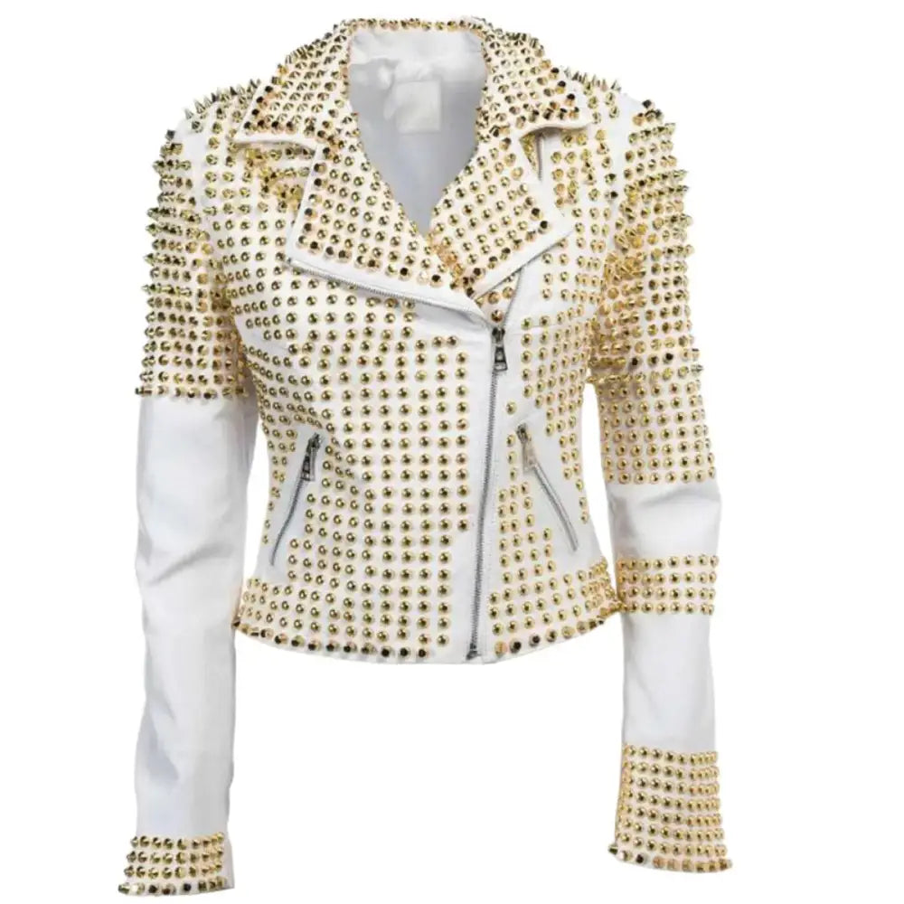 Women’s Golden Studded White Leather Jacket-0