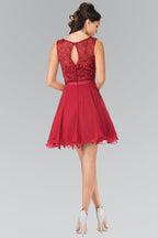Lace Bodice A-Line Short Dress w/ Jeweled Waist Band-1
