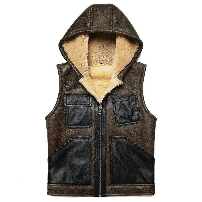 Men’s Hooded Shearling Leather Vest-1