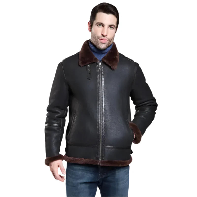 Men's Black Aviator Shearling Leather Jacket-0