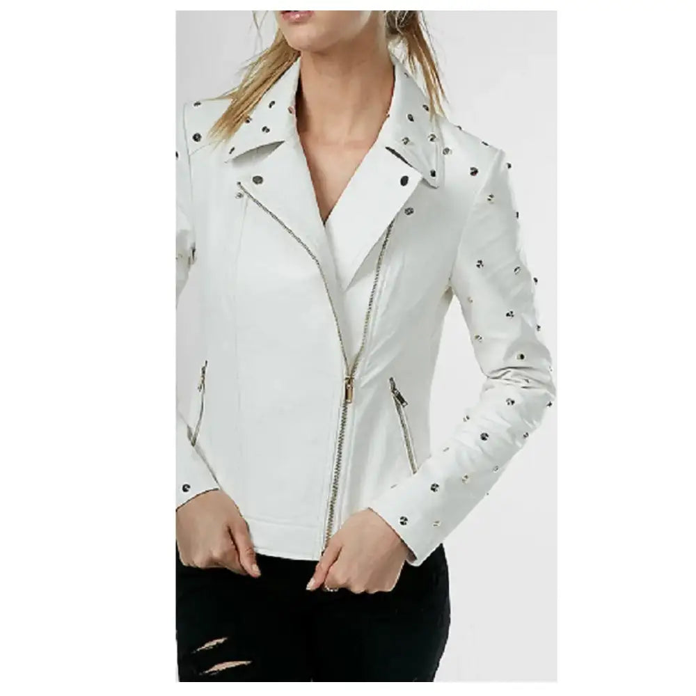 Women’s White Studded Leather Jacket-0