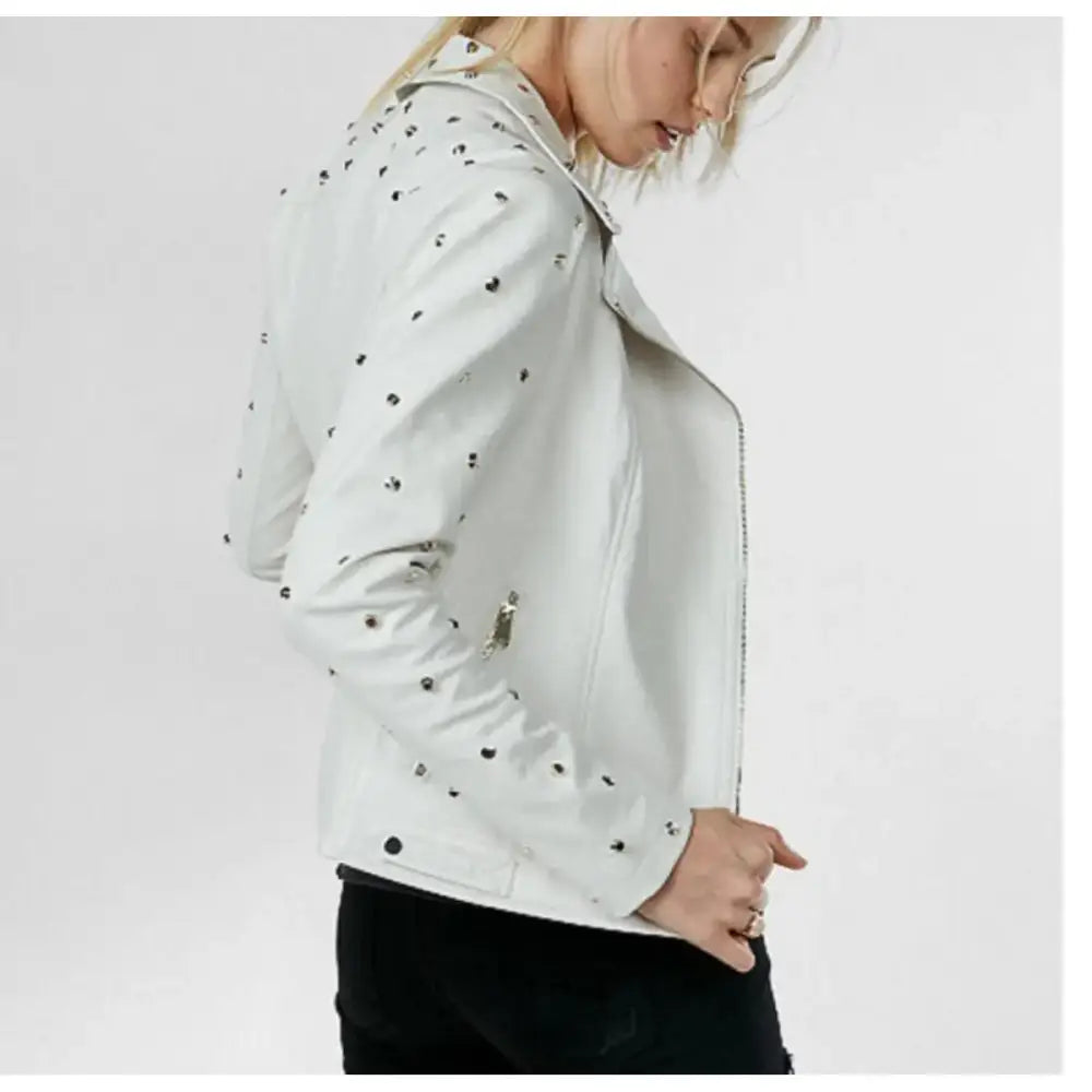 Women’s White Studded Leather Jacket-1