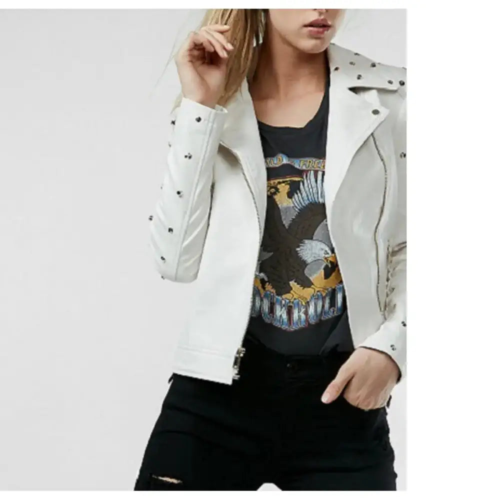 Women’s White Studded Leather Jacket-2