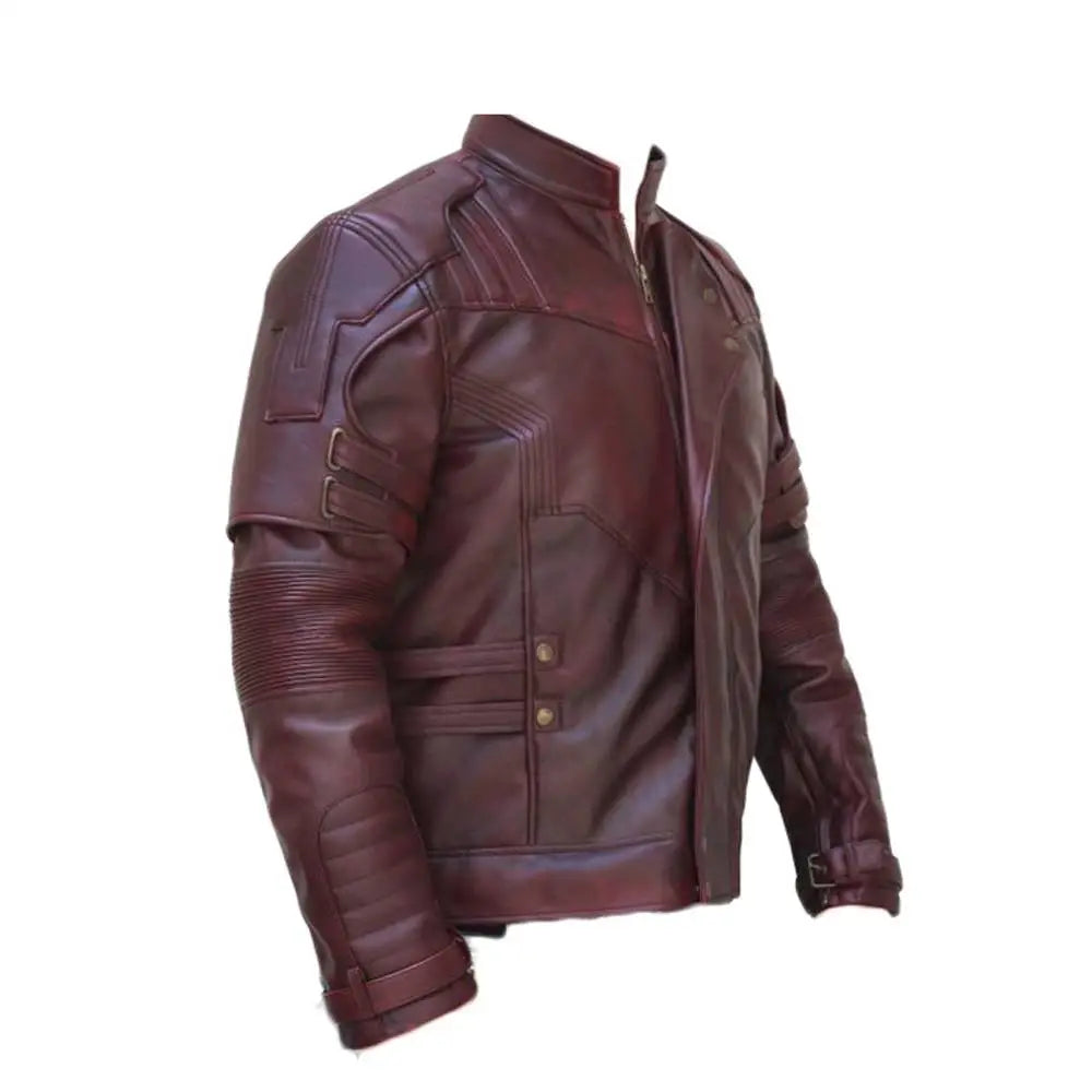 Men’s Burgundy Lapel Striped Military Leather Jacket-1