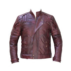 Men’s Burgundy Lapel Striped Military Leather Jacket-0