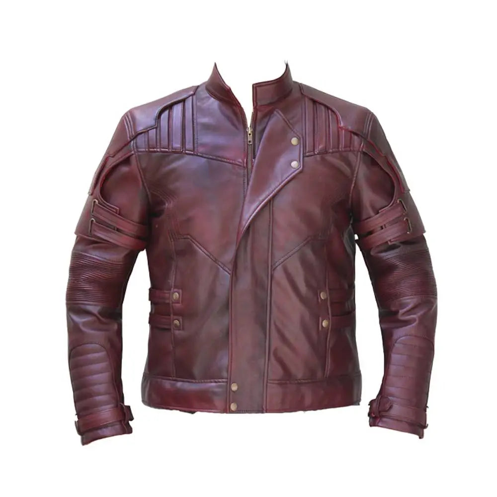 Men’s Burgundy Lapel Striped Military Leather Jacket-0