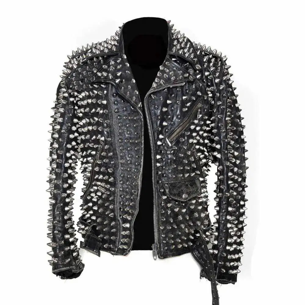 Men's Studded Black Leather Motorcycle Jacket-0