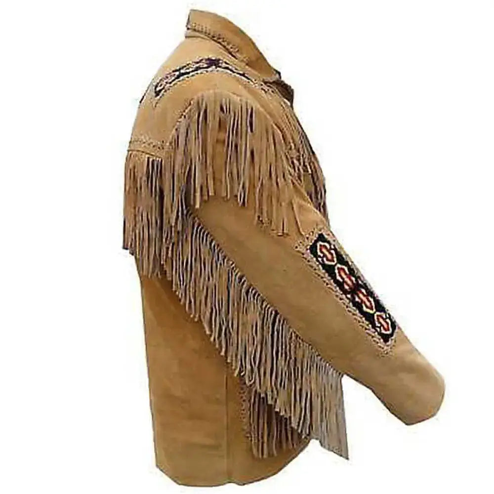 Men's Tan Brown Western Fringe Leather Jacket-1