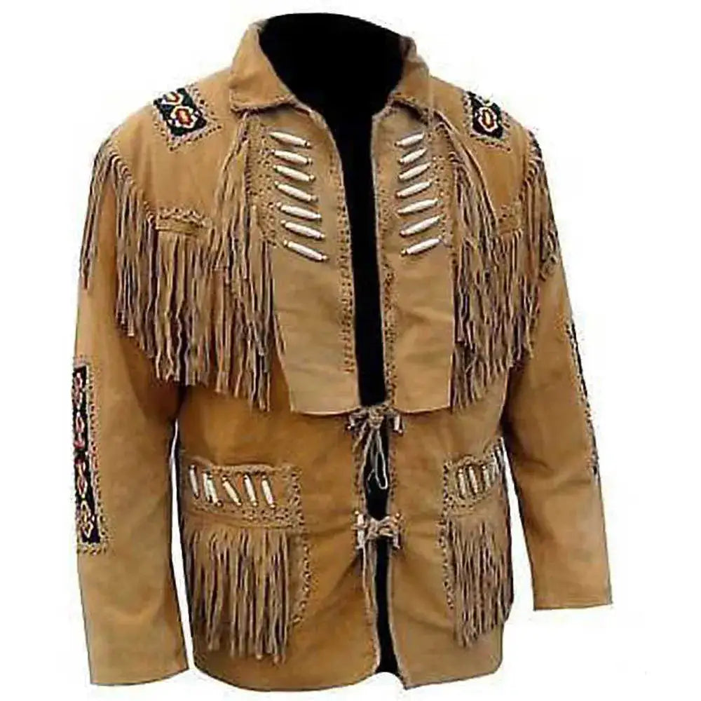 Men's Tan Brown Western Fringe Leather Jacket-0