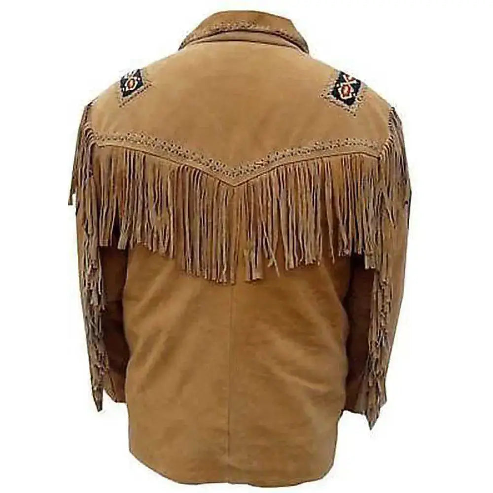 Men's Tan Brown Western Fringe Leather Jacket-2