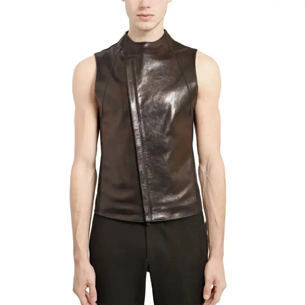 Men’s Asymmetric Leather Biker Vest-0