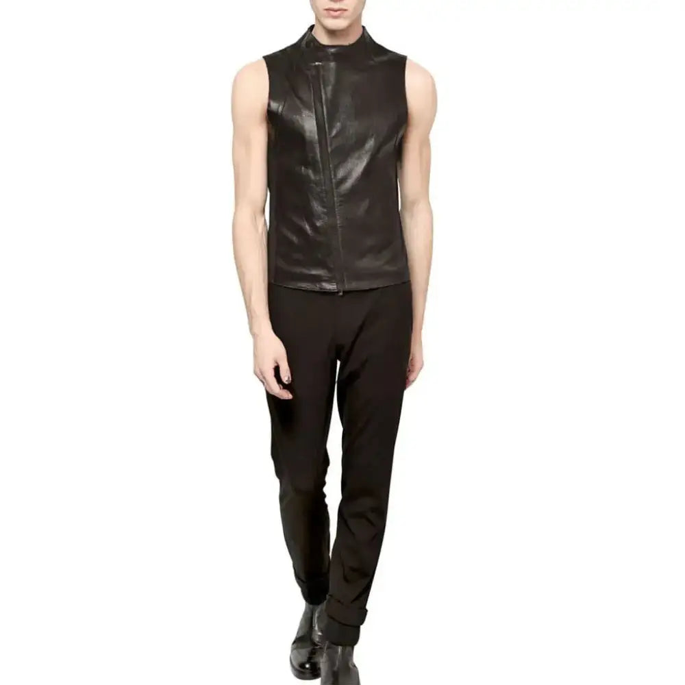 Men’s Asymmetric Leather Biker Vest-1