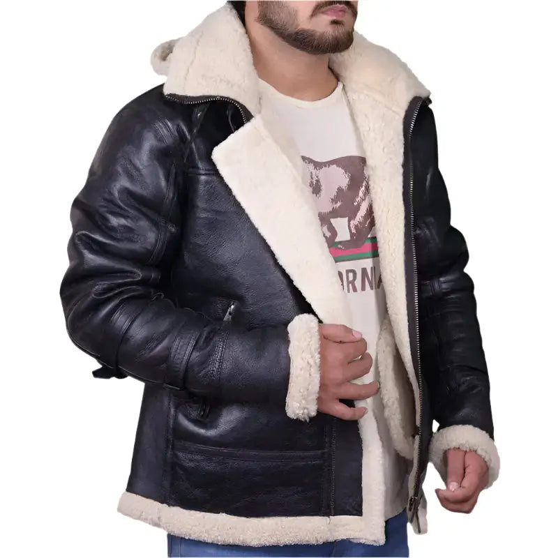 Men's Black B3 Aviator Shearling Leather Bomber Jacket-3