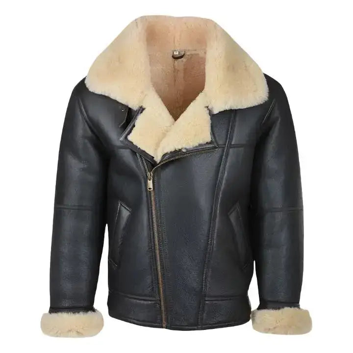 Men’s Black Shearling Bomber Leather Aviator Jacket-0