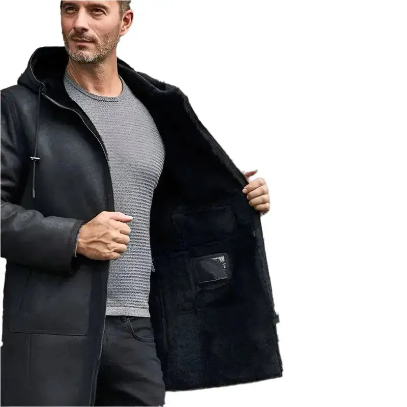Men’s Black B7 Shearling Bomber Leather Coat-3