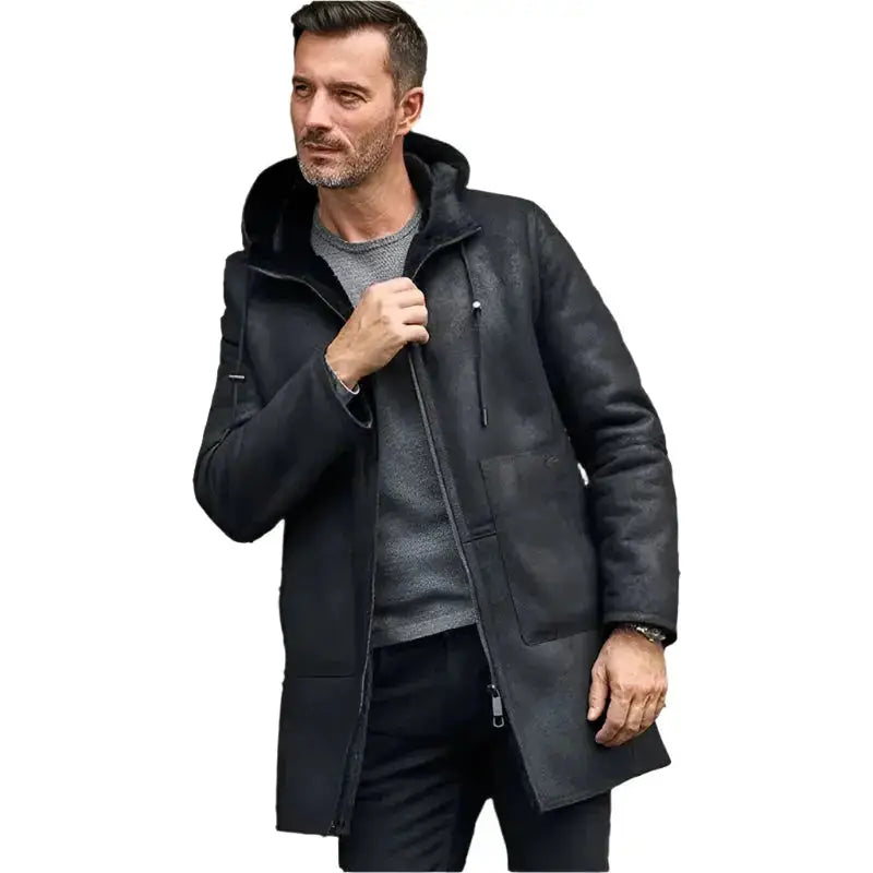 Men’s Black B7 Shearling Bomber Leather Coat-2